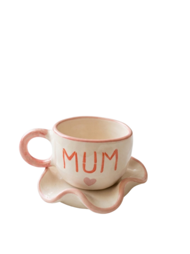 Ceramic Cup With Mum Print And Wavy Saucer - Color: Pink