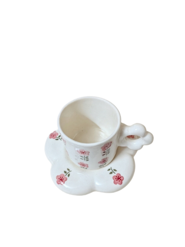 Flower Printed Ceramic Cup With Saucer - Color: White