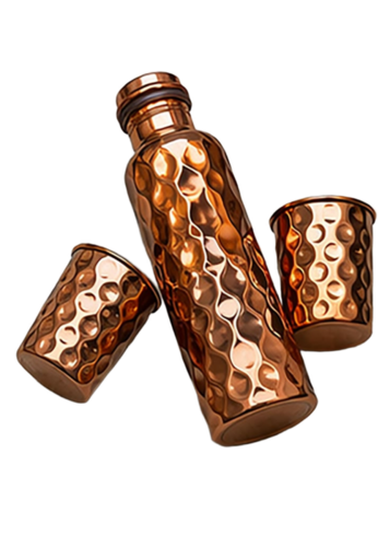 Honeycomb Hammered Pure Copper Water Bottle With Tumblers Set - Capacity: 1 Ltr