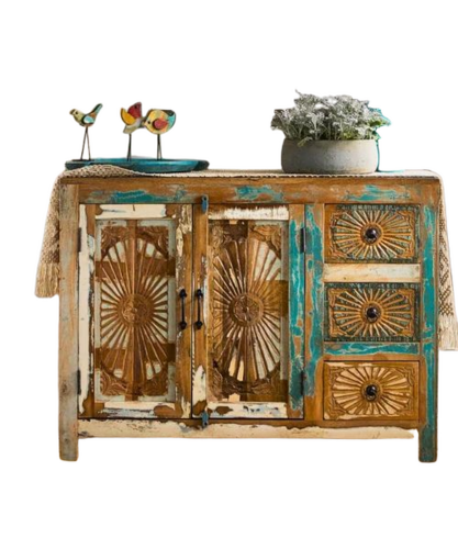 Tournesol Small Console Cabinet Handcarved Reclaimed Wood Sideboard - Artwork: Handmade