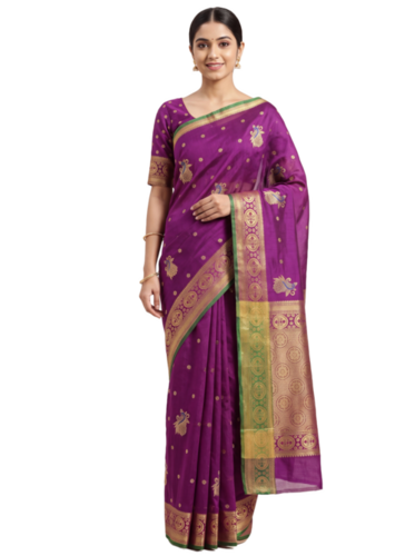 Acrylic Silk Paithani Style Saree With Embroidered Peacock Pallu - Color: Multiple Colours Available