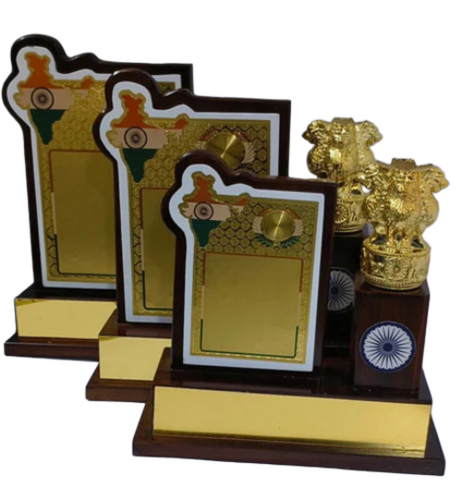 Indian Map Awards Wooden Trophy With Ashoka Pillar - Finishing: Polished
