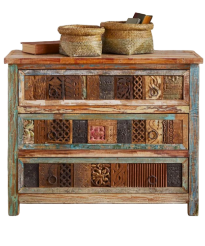 Handcrafted Reclaimed Wood Carved Dresser - Artwork: Handmade
