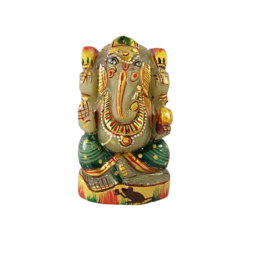 Beautifully Hand-Carved And Hand-Painted Green Aventurine Lord Ganesh Statue - Color: Multicolor