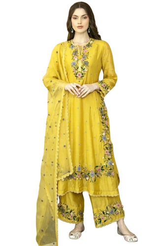 Yellow Embroidered Georgette Ladies Party Wear Suit - Feature: Breathable