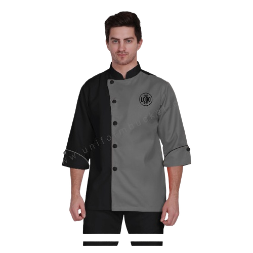Two Shade Male Designer 3/4 Sleeve Chef Coat - Color: Major Black And Minor Xanadu Grey Color