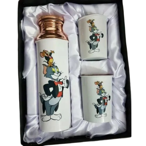Printed Copper Water Bottle With Two Glass - Color: Brown