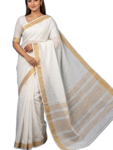 White Cotton Sarees With Golden Border - Fabric Type: Art Silk