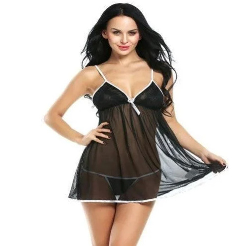 Plain Ladies Short Night Dress - Color: Black