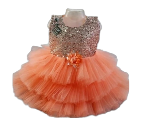 Peach Embroidery Net Kids Frock - Age Group: 1-3 Years