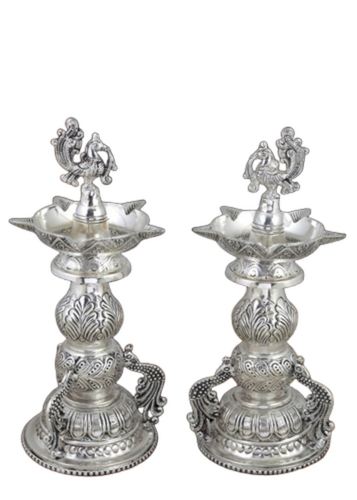12 Inch Silver Plated Brass Peacock Diya Stand Pair