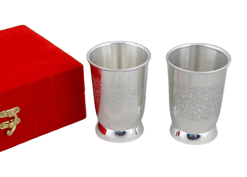 4 Inch Silver Plated Steel Glass Set Pack Of 2 In Velvet Box