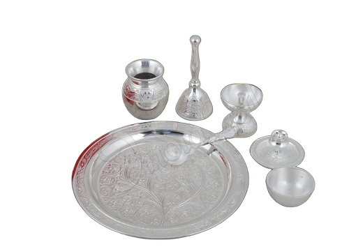 Exquisite 8 Inch Flower Design Silver Plated Aluminium Pooja Thali