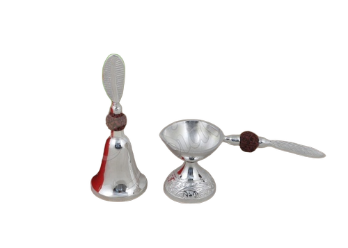 Silver Plated Aluminium Bell and Diya Set in Velvet Box