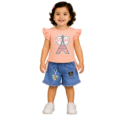 Peach Top + Blue Denim Shorts Co-Ord Set - Age Group: 1-1.5 Years