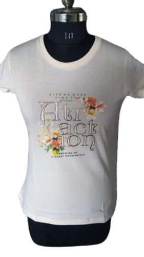Ladies Cream Printed Cotton T Shirt - Age Group: Adults