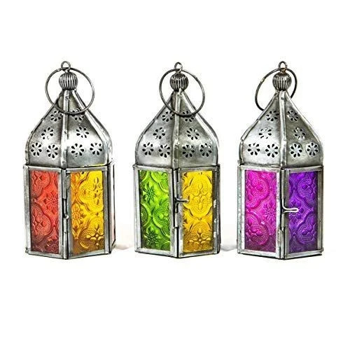 Mini Iron Lanterns With Coloured Glass - Color: Silver