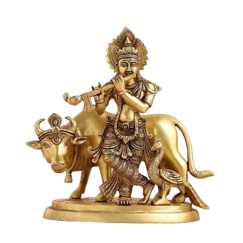 Brass Cow Krishna Statue - Color: Golden