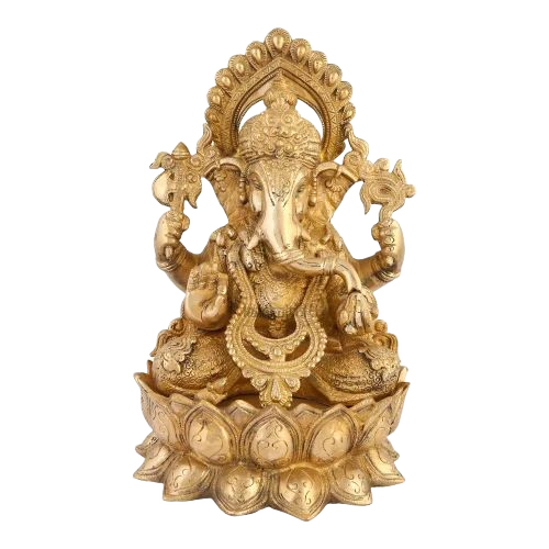 Brass Ganesh Lotus Base Statue - Color: Golden