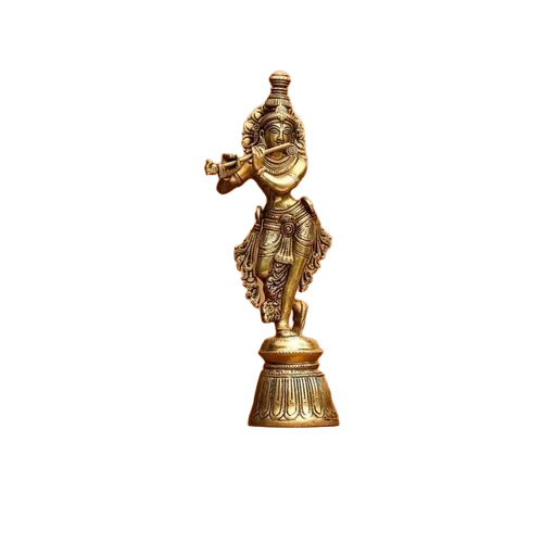 Brass Krishna Flute Playing Statue - Color: Golden