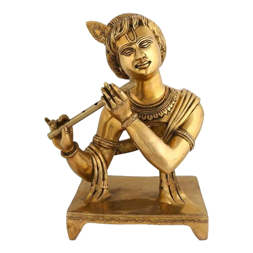 Kalakrithi Brass Krishna Playing Flute Statue - Color: Golden