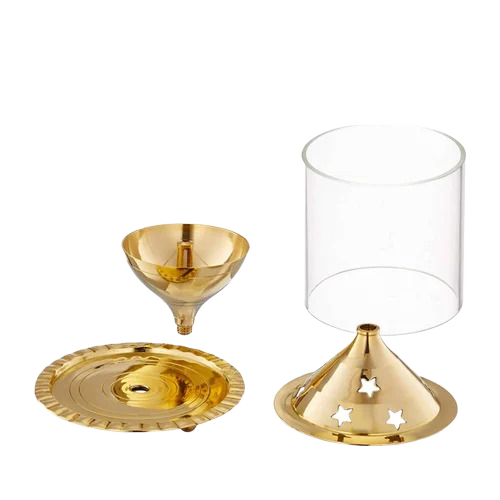 Brass Glass Akhand Diya - Color: Golden