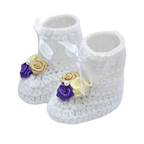 Jasmine Flower Crochet Baby Booties - Color: White