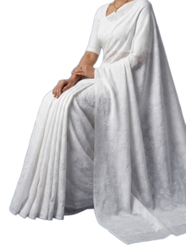 White Sarees With Emboss Pattern - Fabric Type: Art Silk
