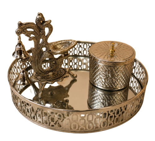 German Silver Pooja Thali Set With Mirror Tray And Peacock Diya With Prasad Box - Features: Premium Quality