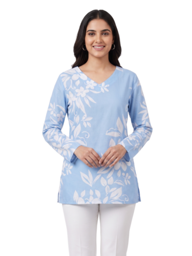 Womens Floral Print Cotton Tunic Top Light Blue - Bust Size: 38 Inch (In)
