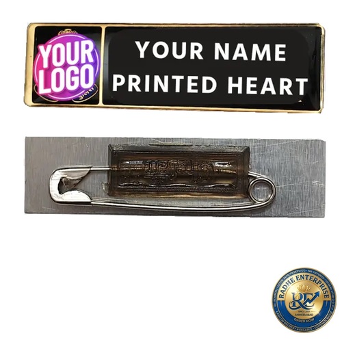 Custom Glass Coated Pocket Name Badge With Safety Pin - Color: Black And Gold-Tone Front