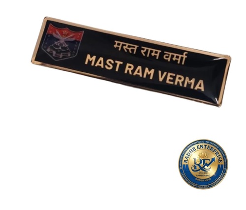 Indian Armed Forces Metal Pocket Name Plate - Color: Black And Gold-Tone
