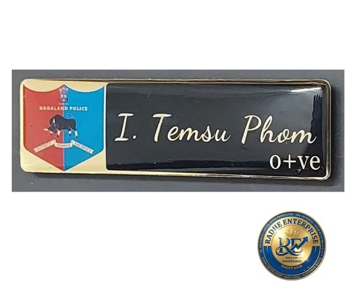 Nagaland Police Custom Metal Name Badge - Color: Black And Gold-Tone With Red And Blue Logo