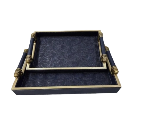 Decorative Embossed Leather Serving Tray Set Of 2 With Round Handles - Color: Blue