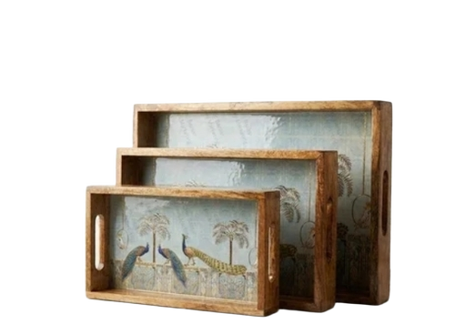 Decorative Mango Wood Serving Tray Set Of 3 - Color: Multicolor