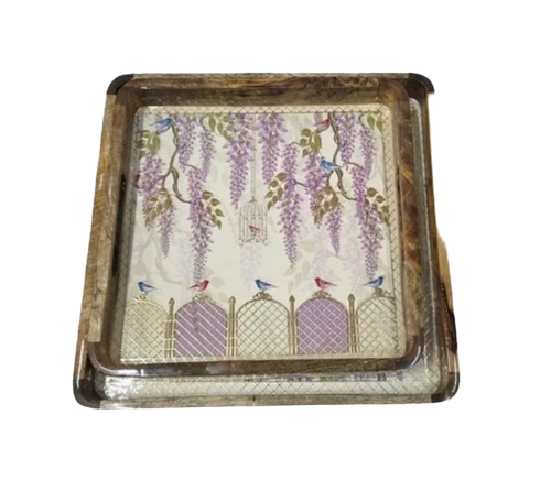Mangowood Square Printed Serving Tray Set Of 2 - Color: Brown