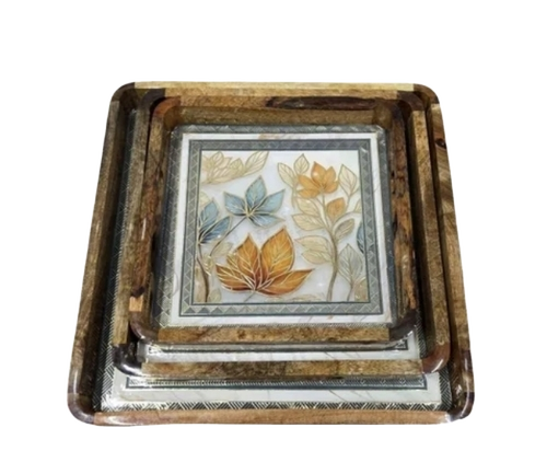 Set Of 3 Decorative Mango Wood Square Curve Trays - Color: Brown