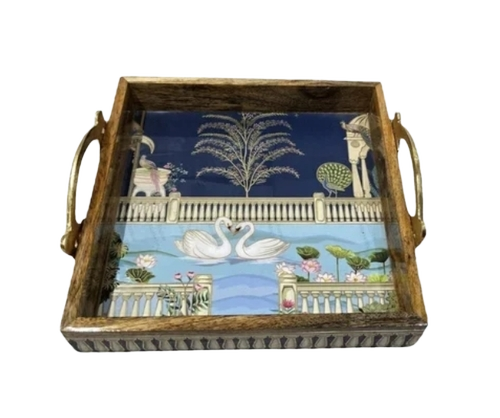 Square Decorative Mangowood Serving Tray 9.5X9.5 With Handles - Color: Multicolor