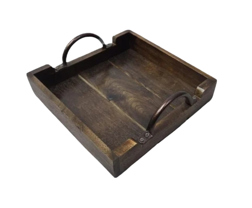 Square Mango Wood Serving Tray 9.5X9.5 With Handles - Color: Brown