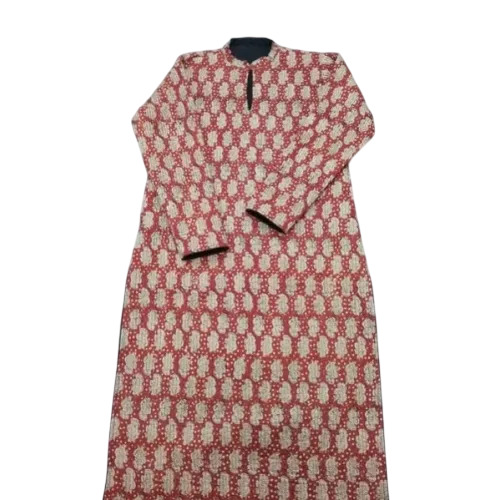 Mens Printed Quilted Cotton Kurta - Color: Peach