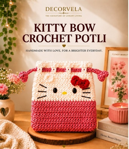 Kitty Bow Crochet Potli - Color: Blush Pink