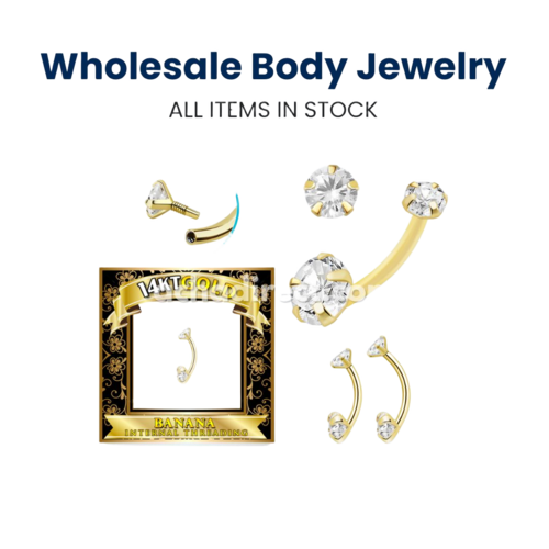 Wholesale 14KT Gold Belly Banana with Internally Threaded Prong Set Cubic Zirconia Stones