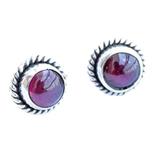 Natural Round Red Garnet Gemstone Silver Stud Earrings