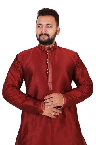 Long Sleeves Plain Pattern Silk Kurta Pajama For Party Wear