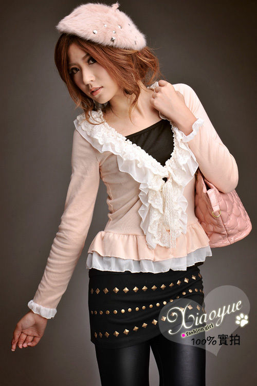 Various Colors Are Available Pink Lace Edge Deep V Neck Ladies Top