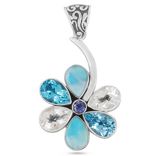 Larimar Blue Topaz White Topaz Amethyst 925 Sterling Silver Pendant