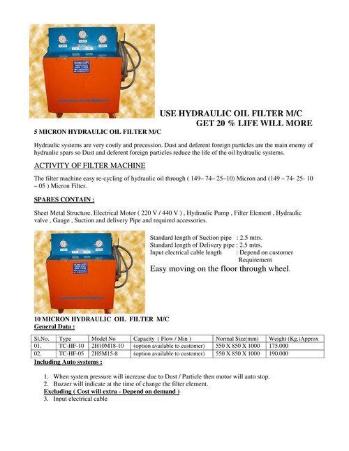 Hydraulic Oil Filter Machine - 10 Micron & 5 Micron Filtration | Easy to Use, Compatible with Hydraulic Power Pack