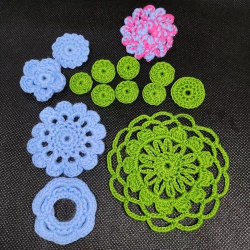 Pink Green Blue Handmade Cotton Knitting Appliques For Dress, Bags, Scarves And Caps