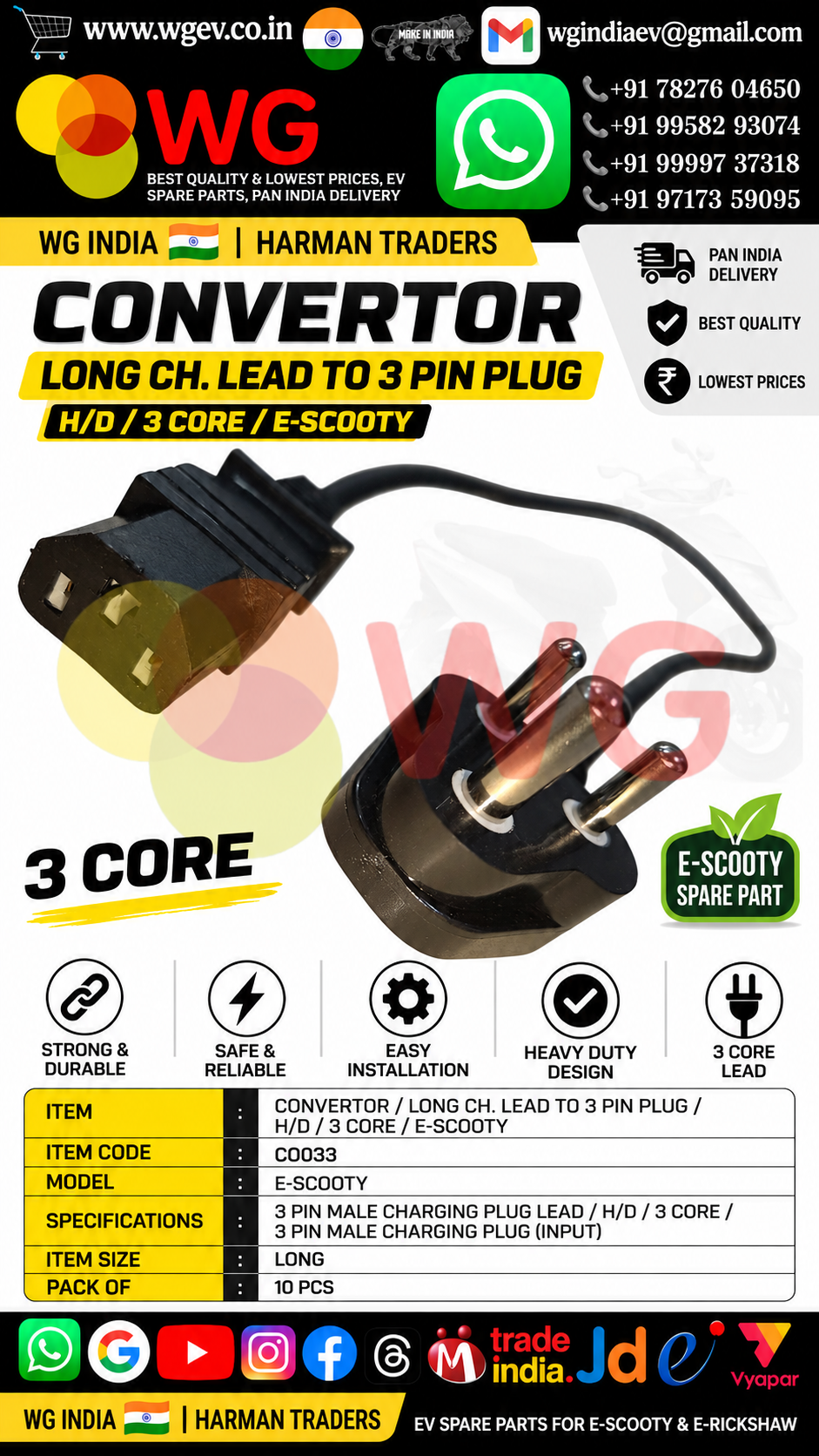 Long Ch. Lead To 3 Pin Plug H/D 3 Core E-Scooty Convertor - Plastic, Metal, Black, Copper-Aluminium Core | Durable, Heavy Duty, 3 Pin Male Charging Plug