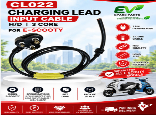 Charging Lead / Input Cable / H/D / 3 Core / E-Scooty - Plastic, Long, Black | Durable 3 Pin Charger Plug Lead